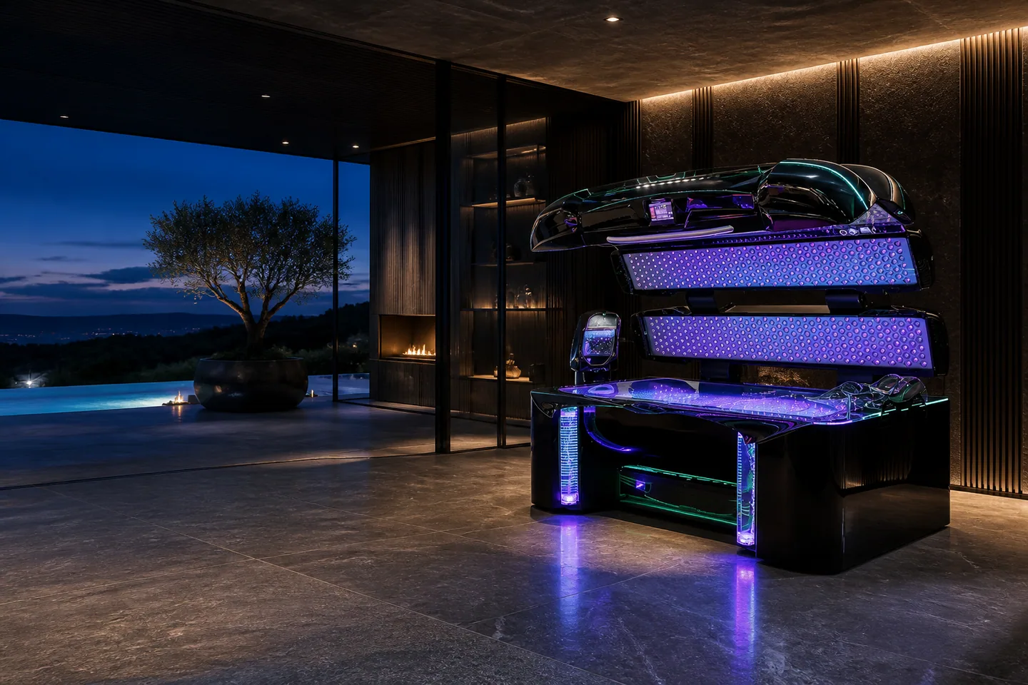 TRON LuxeLED G2 visualized in a private villa wellness room at twilight