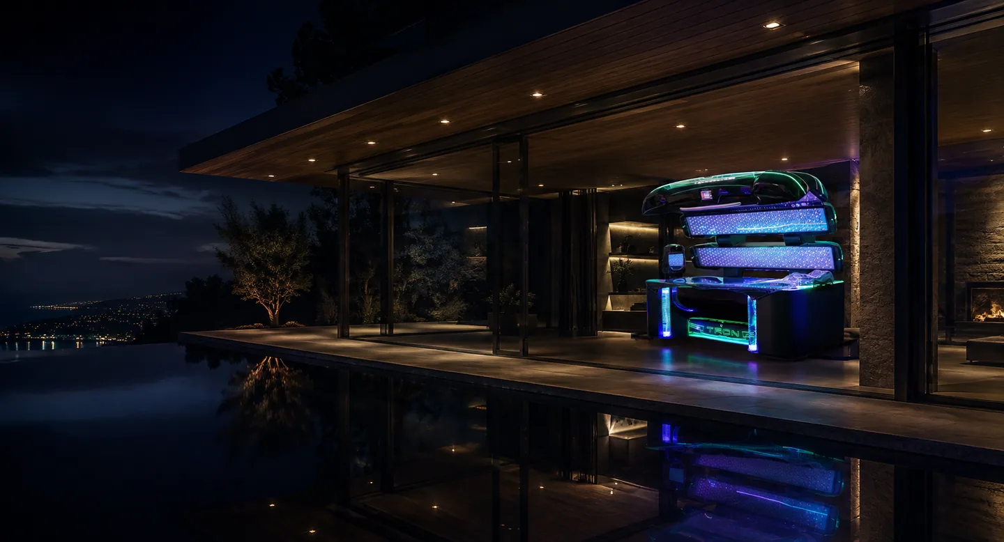 TRON Private Edition visualized in a glass pavilion of a luxury residence at night