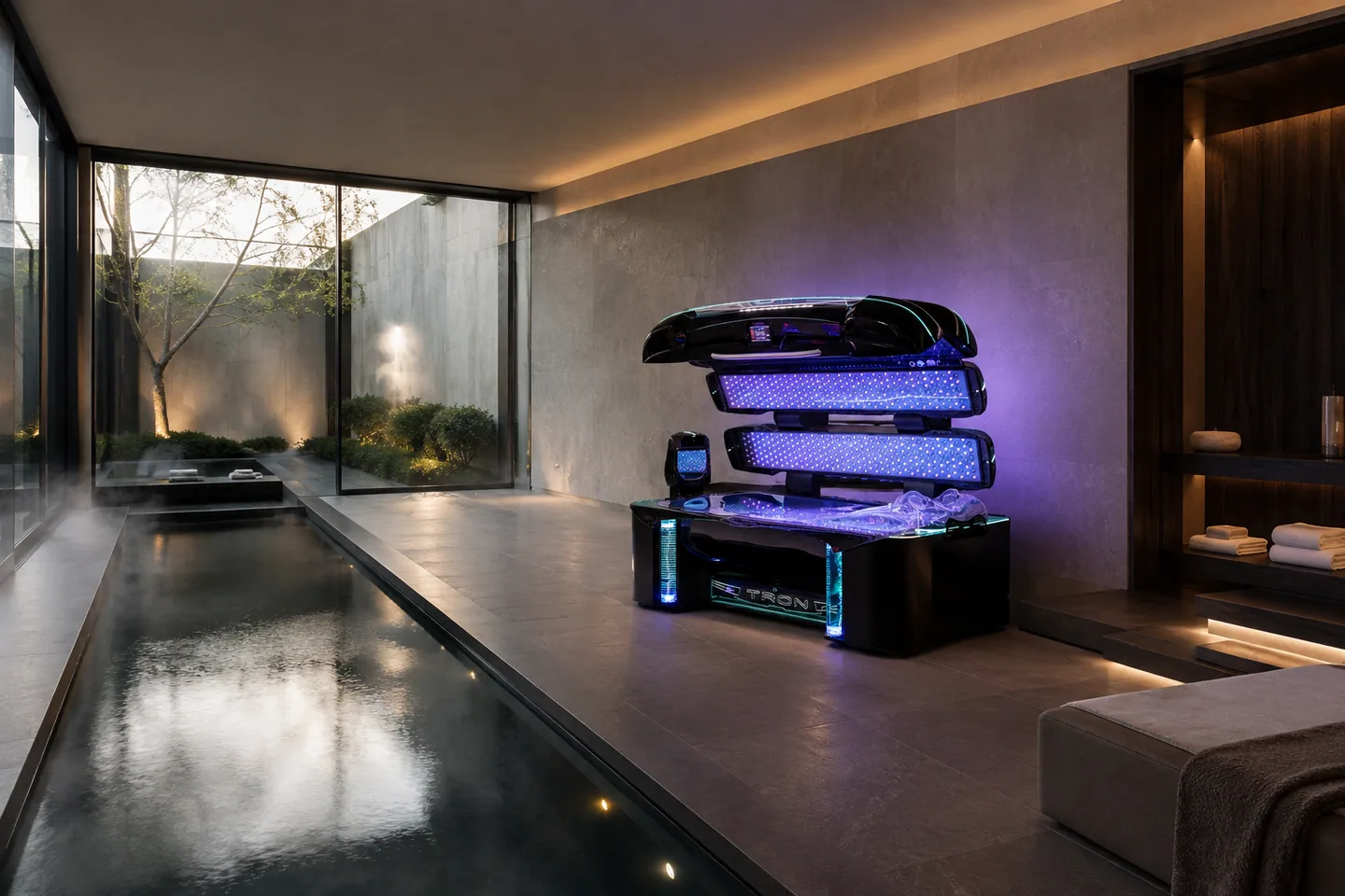 TRON Private Edition visualized in a refined home spa with an indoor pool